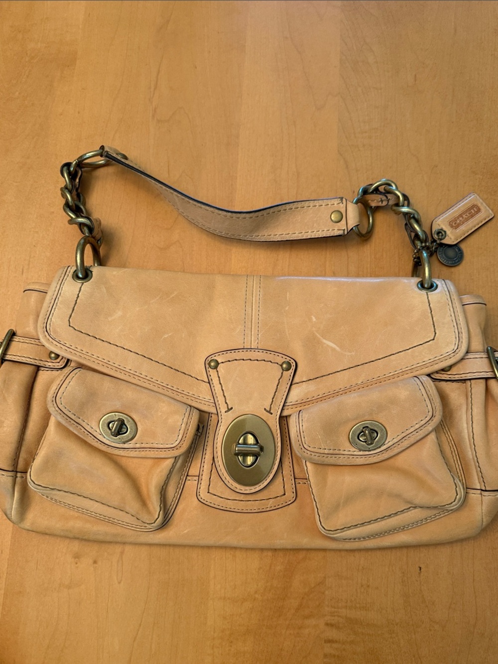 Coach Legacy Tan Leather Flap Shoulder Bag with Gold Chain Accent
